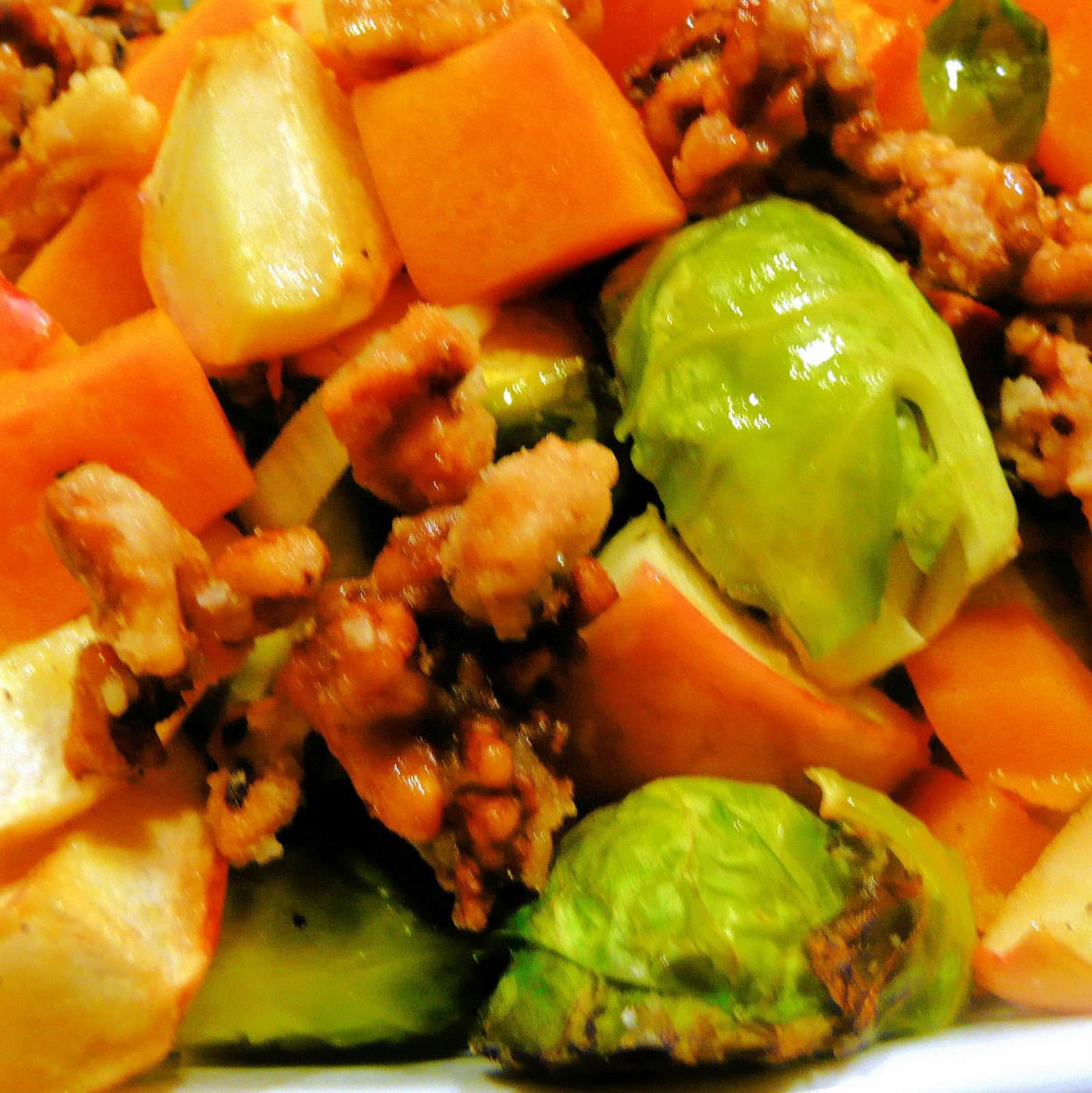 Vegan Roasted Brussels Sprouts, Butternut Squash and Apple with Candied Walnuts