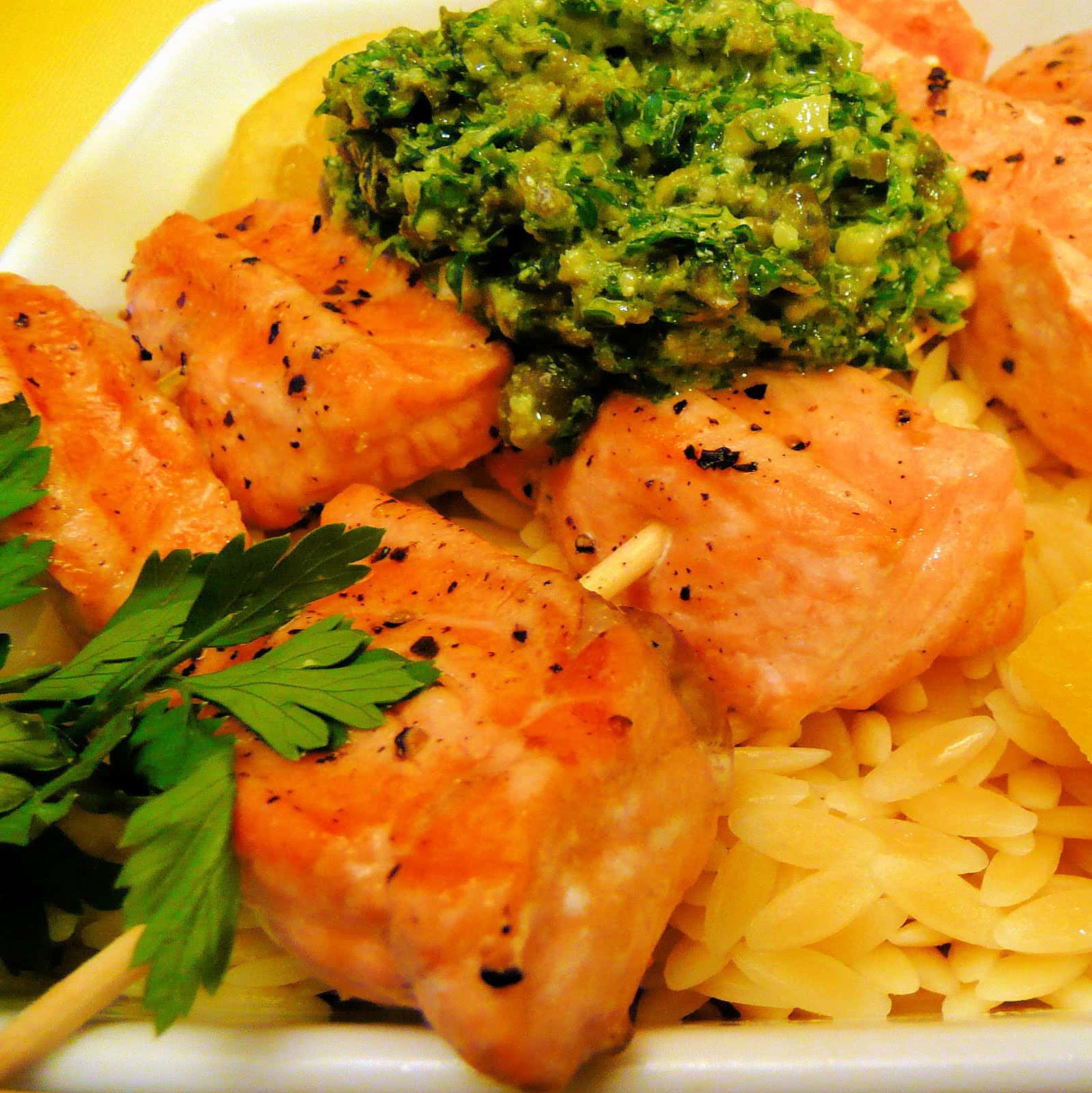 Salmon Skewers with Lemon-Parsley Pesto