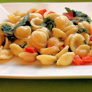 Orecchiette with Swiss Chard, Red Peppers and Goat Cheese