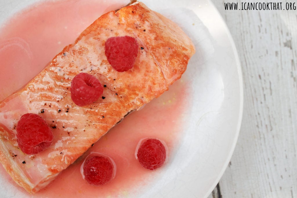 Sauteed Salmon with Berry Butter Sauce and Roasted Potatoes.