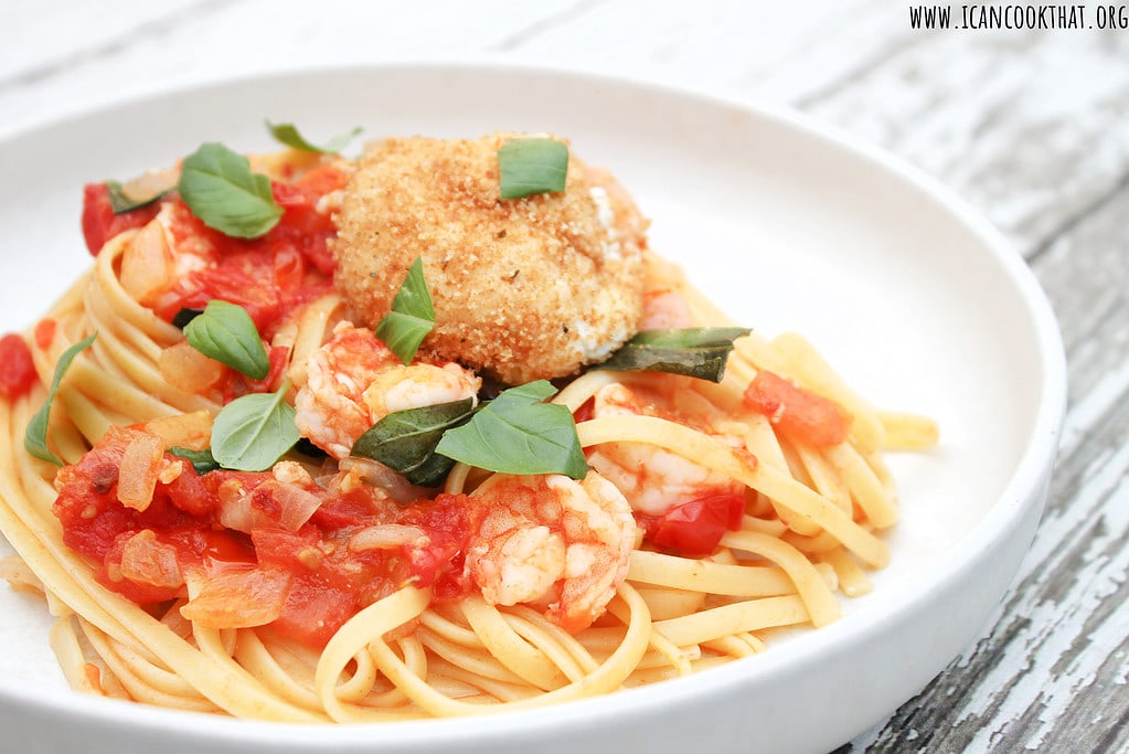 Shrimp Tomato Basil Linguine with Warm Goat Cheese Rounds