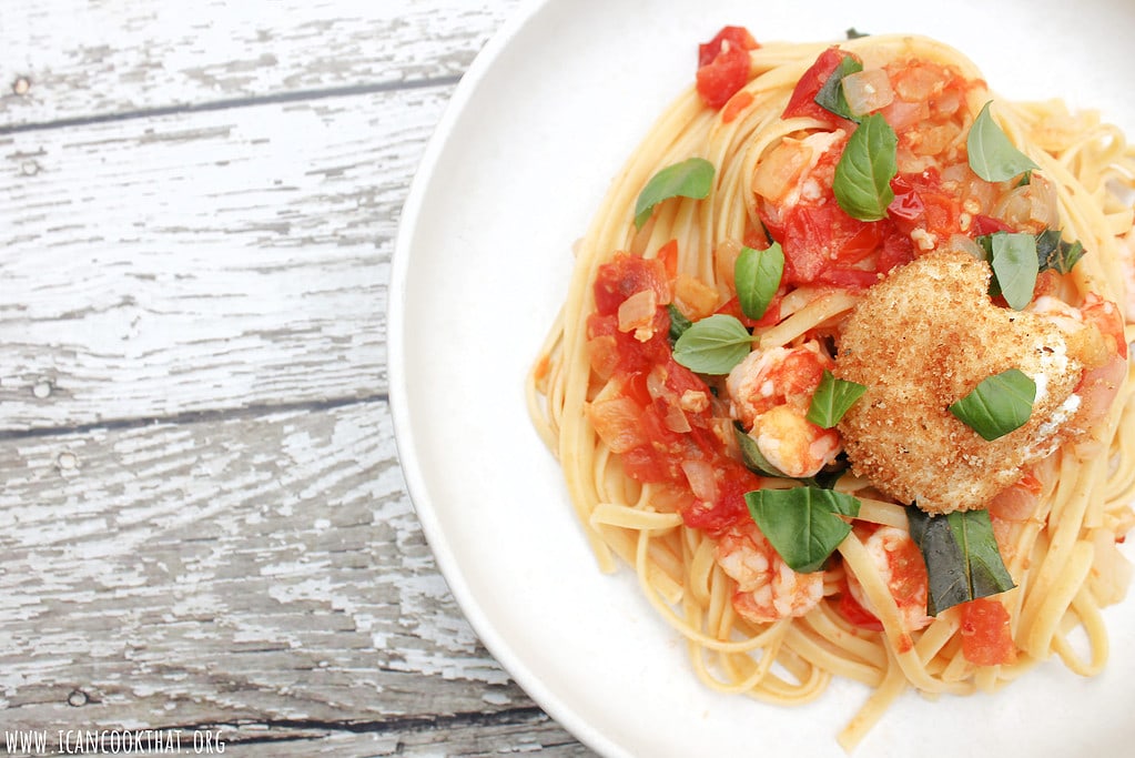 Shrimp Tomato Basil Linguine with Warm Goat Cheese Rounds