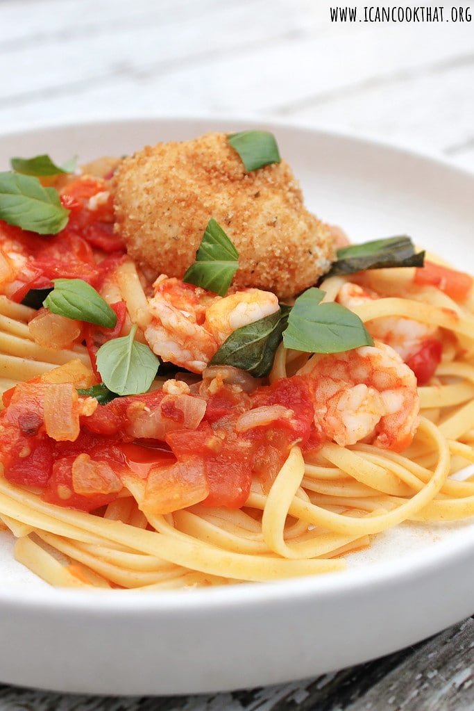 Shrimp Tomato Basil Linguine with Warm Goat Cheese Rounds