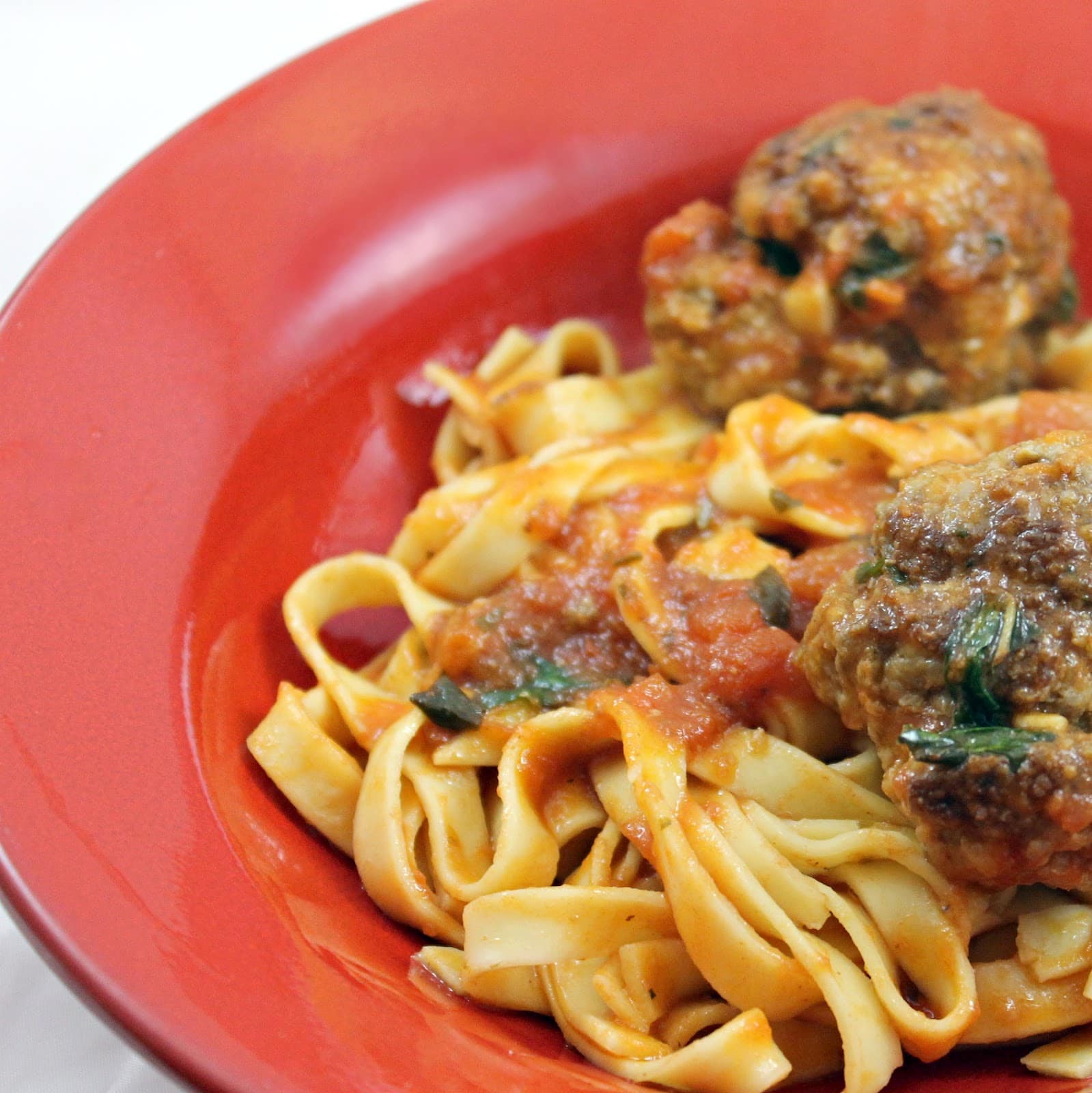 Garlicky Meatball Pasta with Avocado-Butter Lettuce Salad