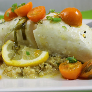 Oven-Roasted Halibut with Quinoa and Warm Tomato Vinaigrette