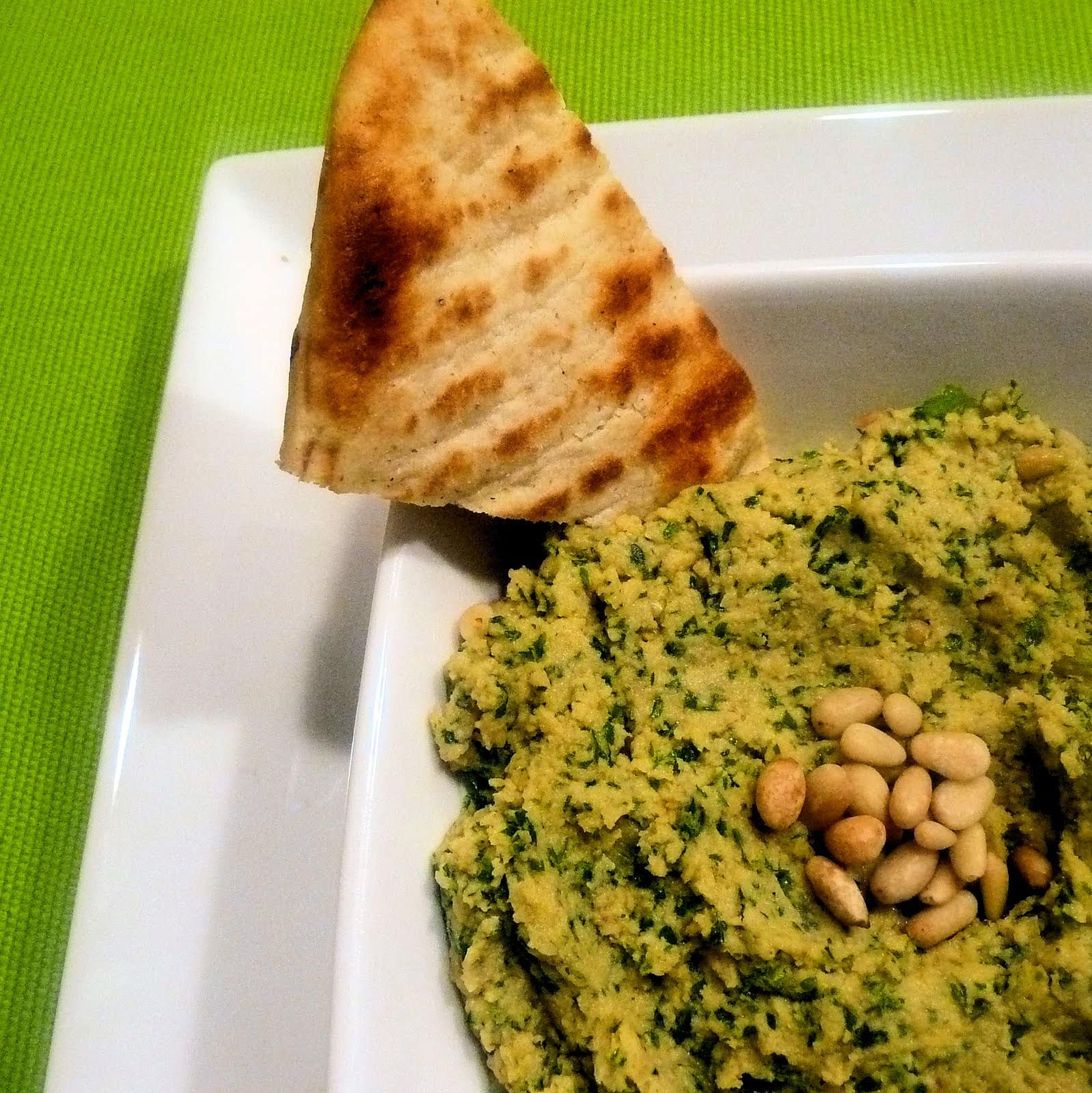 Parsley Hummus with Toasted Pine Nuts & Pita