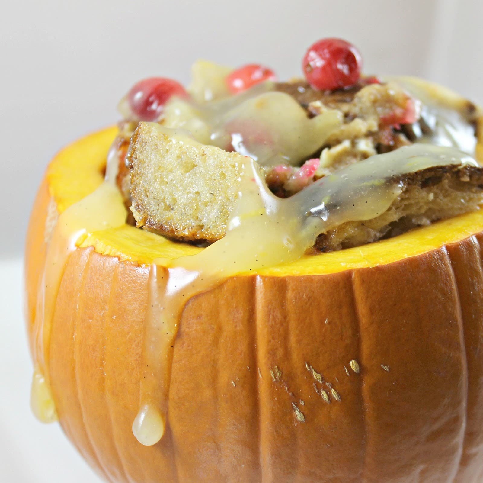 Stuffed Pumpkin with Cranberry Raisin Bread Pudding