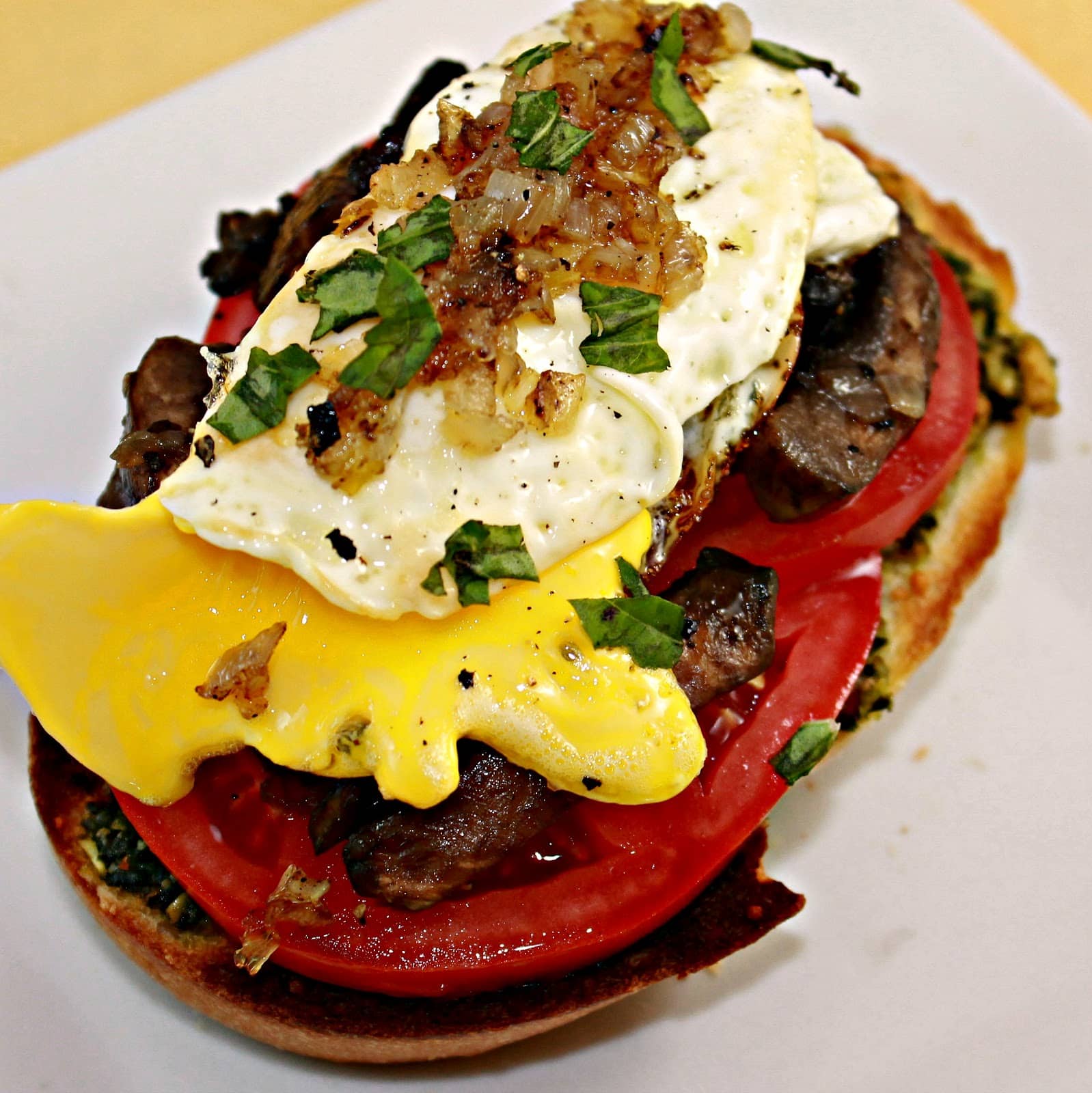 Open-Faced Sandwiches with Mushrooms and Fried Eggs