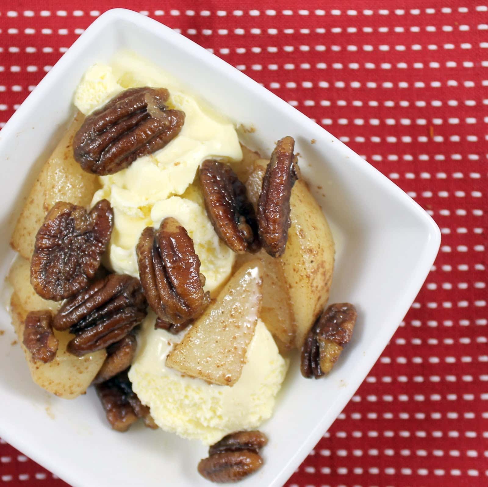 Sauteed Spiced Pears with Pecans Over Ice Cream