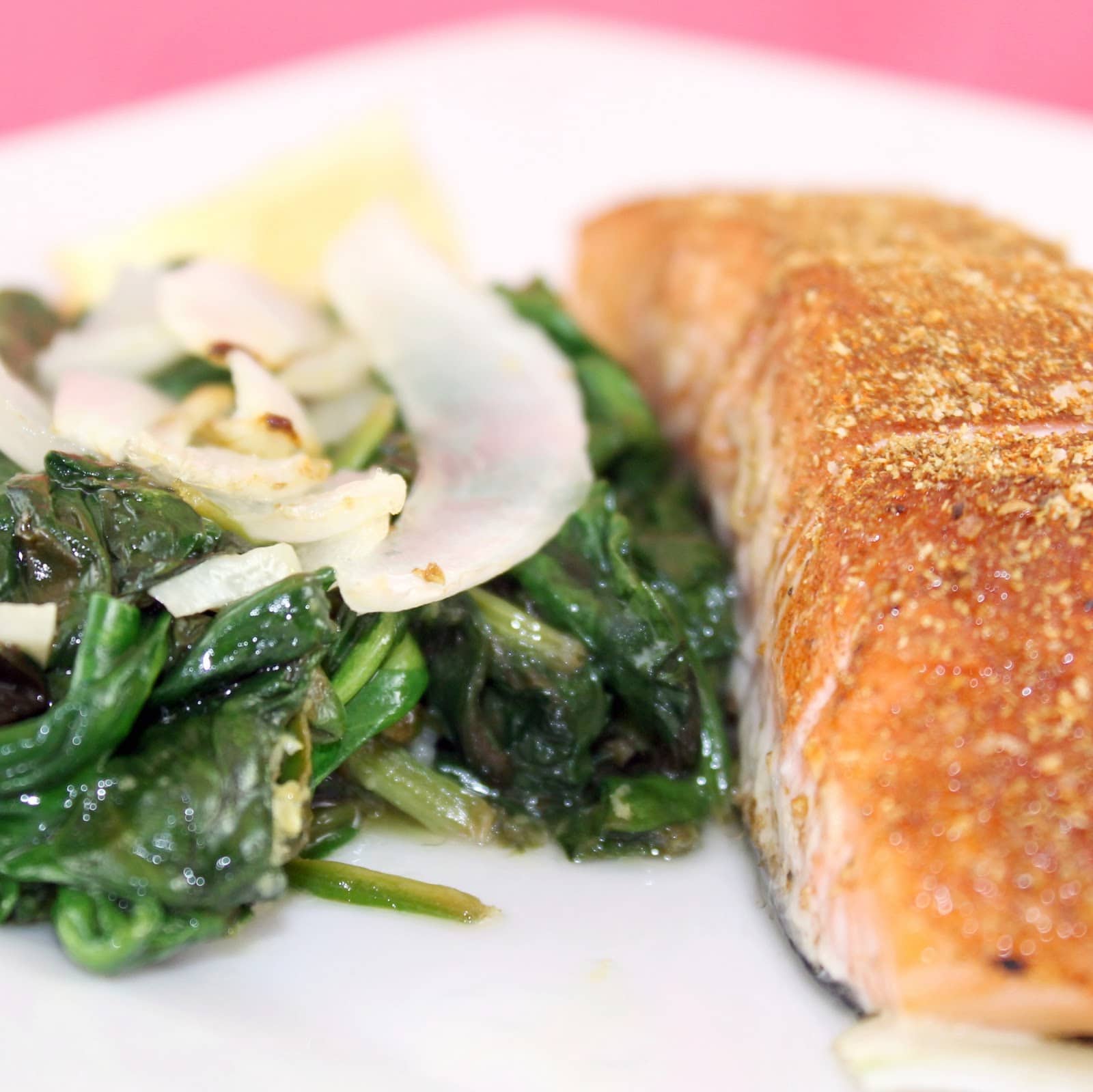 Spice Rubbed Salmon with Lemon-Garlic Spinach