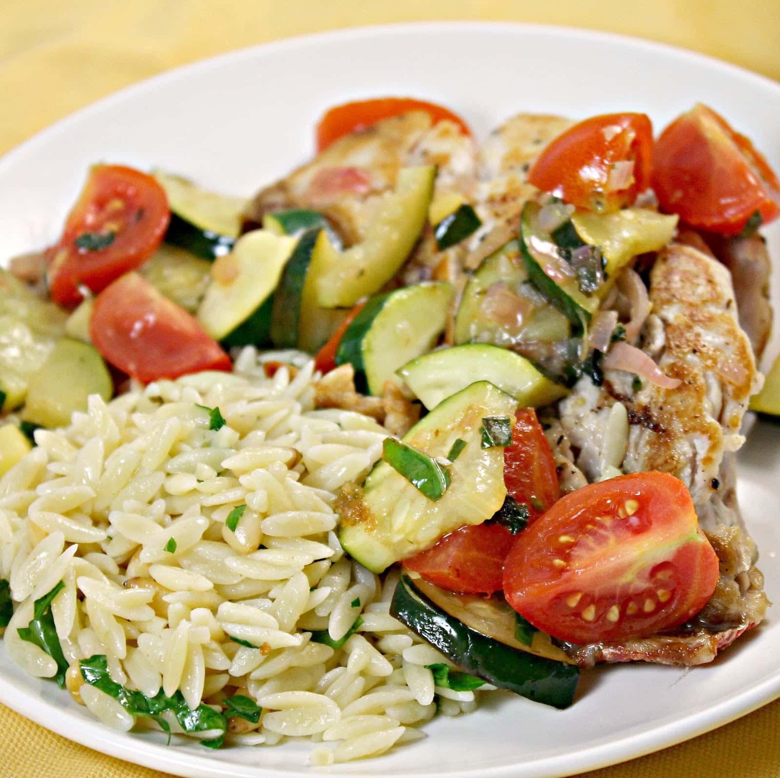 Snapper with Zucchini and Tomato with Parsley Orzo