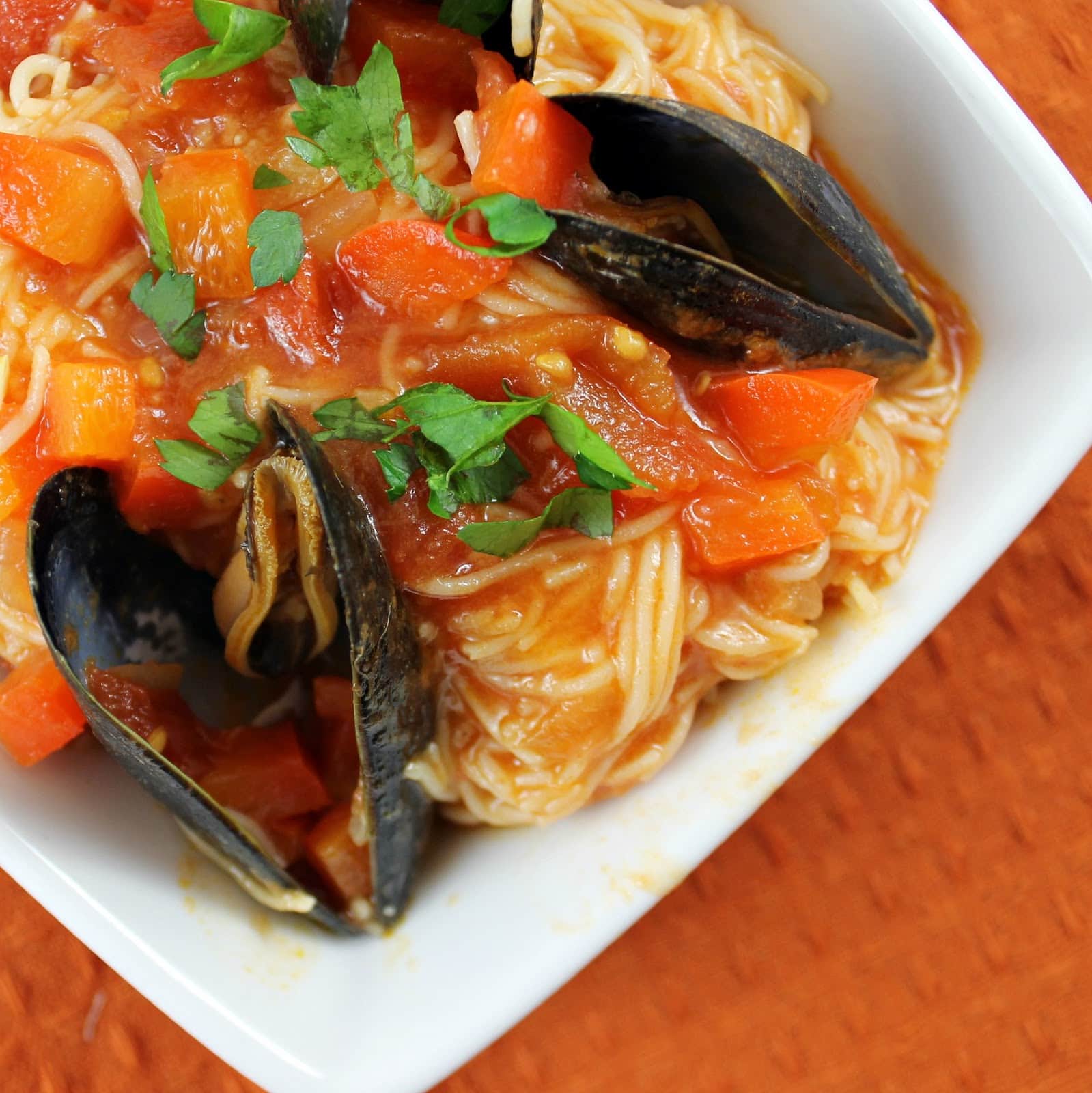 Angel Hair Pasta with Mussels in a Red Pepper Sauce