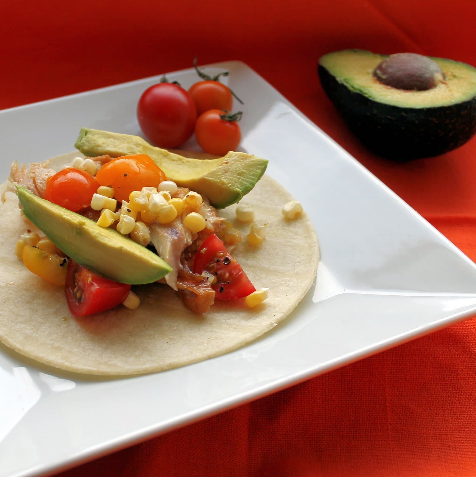 Shredded Chicken Tacos with Tomatoes and Grilled Corn