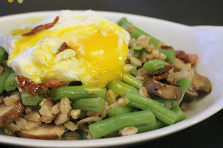 Mushroom, Green Bean, and Farro Salad with a Poached Egg and Warm Bacon Vinaigrette