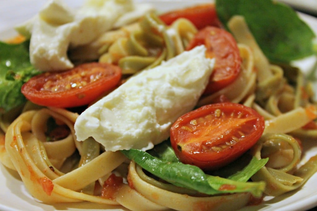 Fettuccine with Seared Tomatoes, Spinach, and Burrata