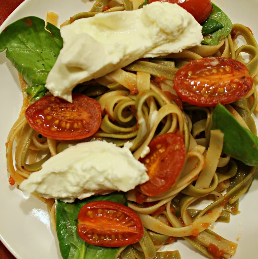 Fettuccine with Seared Tomatoes, Spinach, and Burrata