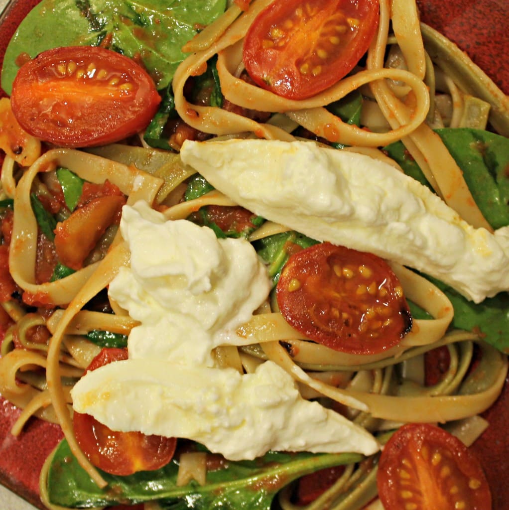 Fettuccine with Seared Tomatoes, Spinach, and Burrata