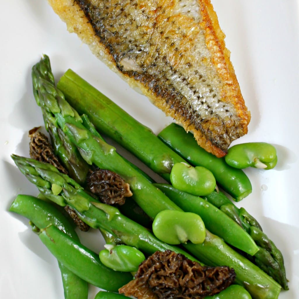 Seared Wild Striped Bass with Sauteed Spring Vegetable