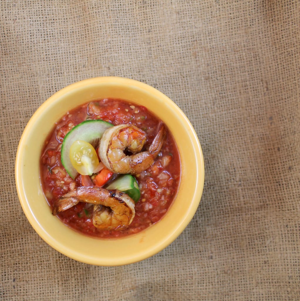 Gazpacho with Grilled Pickapeppa Shrimp