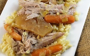 Slow Cooker Pork with Cider Broth over Spaetzle