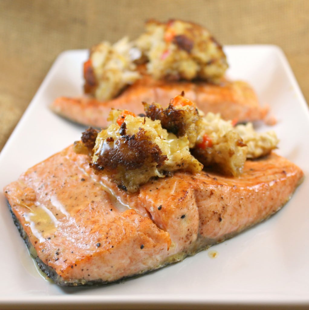 Cedar Plank-Fired Salmon Topped with a Crabcake and Lemon Butter Sauce