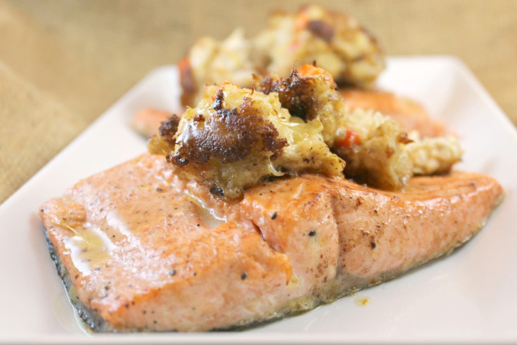 Cedar Plank-Fired Salmon Topped with a Crabcake and Lemon Butter Sauce