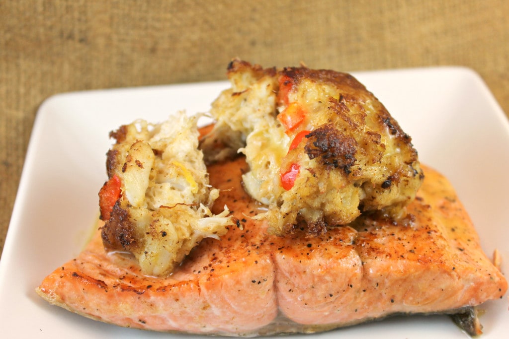 Cedar Plank-Fired Salmon Topped with a Crabcake and Lemon Butter Sauce