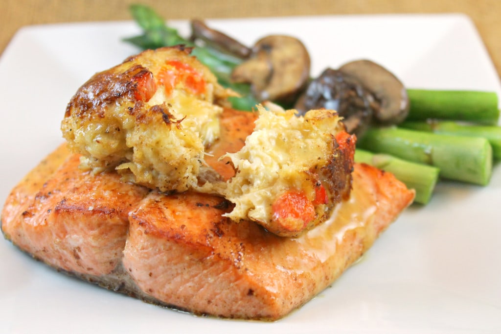 Cedar Plank-Fired Salmon Topped with a Crabcake and Lemon Butter Sauce