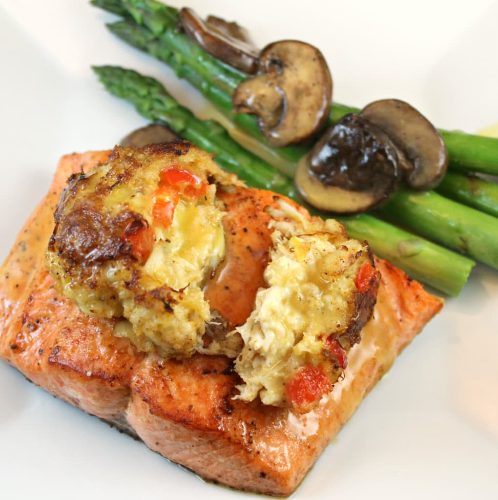 Cedar Plank Fired Salmon Topped with a Crab Cake and Lemon Butter Sauce