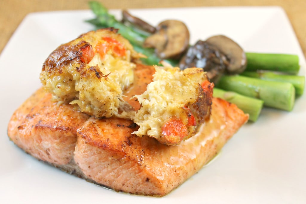 Cedar Plank-Fired Salmon Topped with a Crabcake and Lemon Butter Sauce