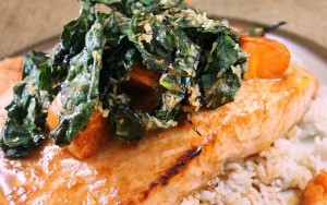 Crispy Coconut Kale with Roasted Salmon Sweet Potatoes and Coconut Rice