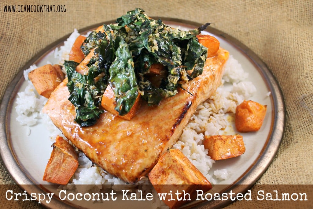 Crispy Coconut Kale with Roasted Salmon and Coconut Rice