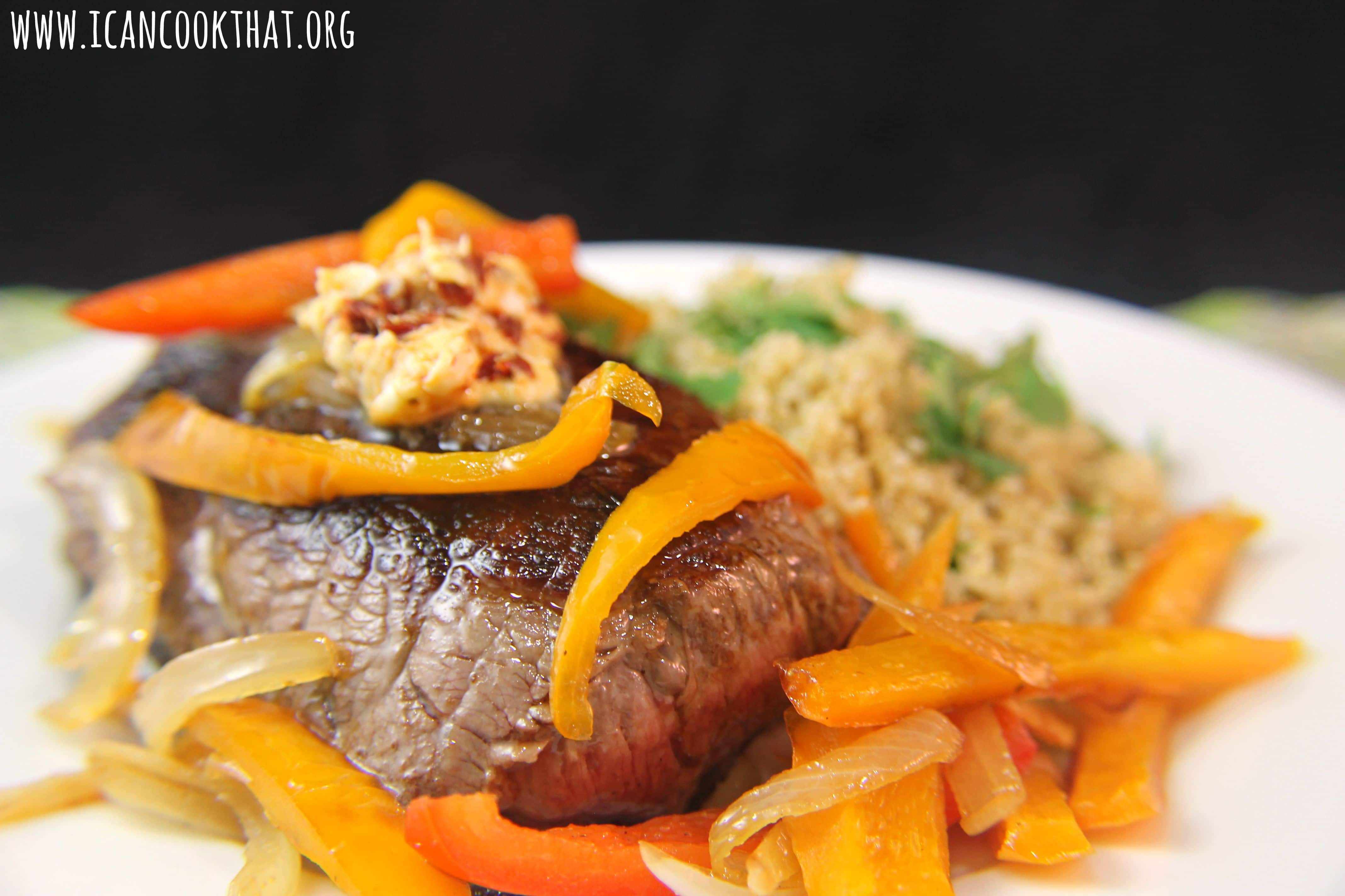 Beef Tenderloin Steaks with Chipotle Butter and Bell Pepper Sauté