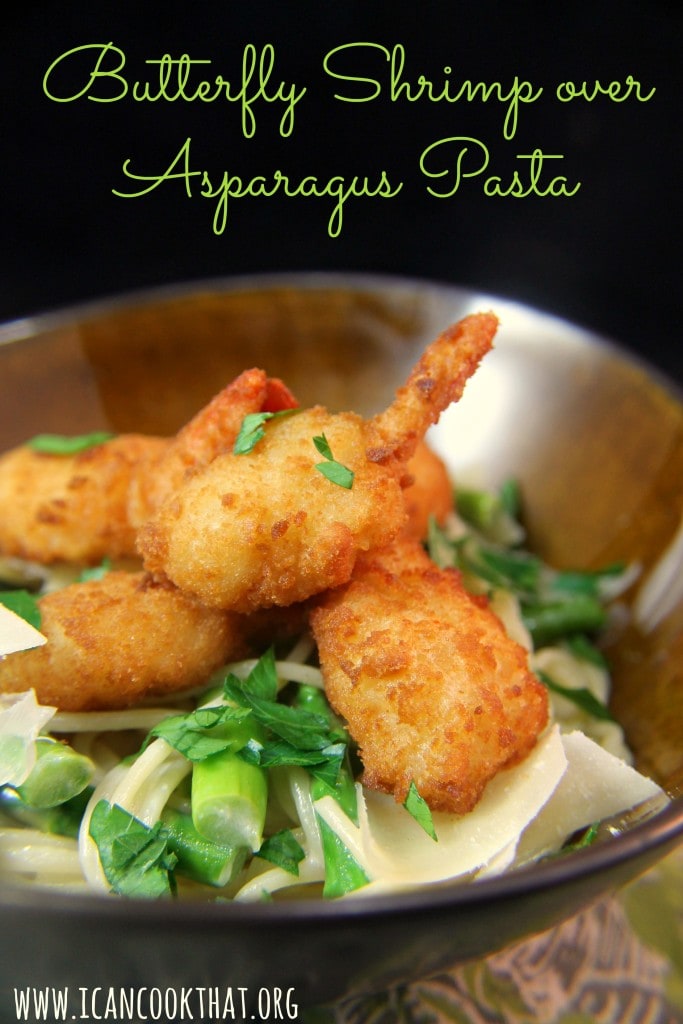 Butterfly Shrimp over Asparagus Pasta 