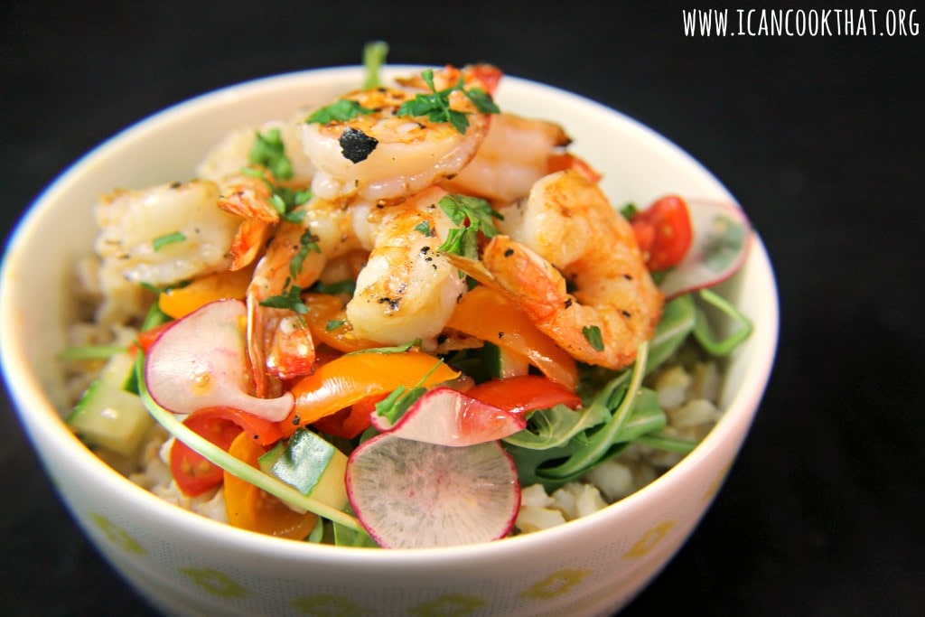 Shrimp Barley Bowl with Tomato Radish Salad