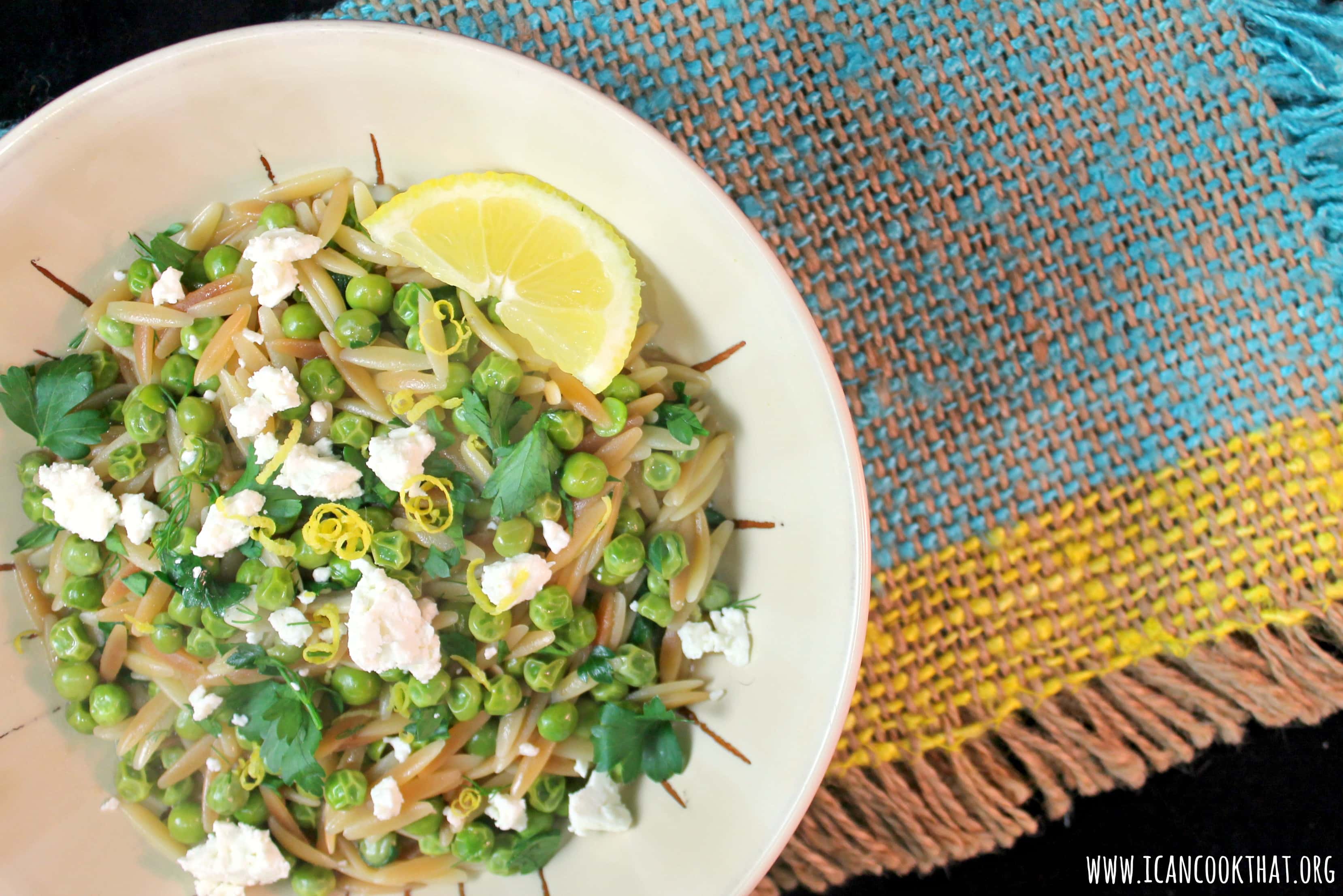 Orzo Pasta with Peas Lemon and Feta