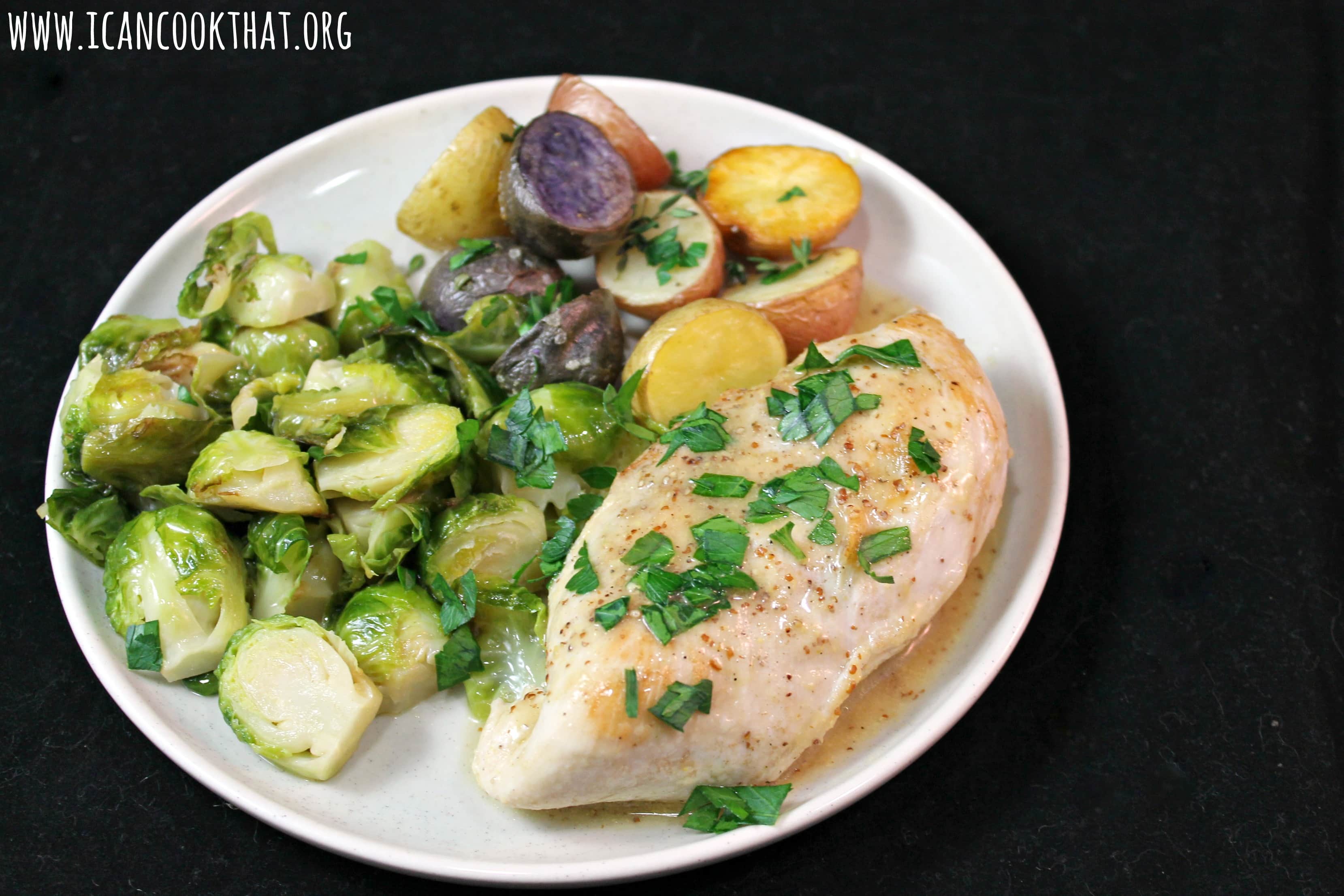 Mustard Chicken with Brussels Sprouts and Roasted Potatoes