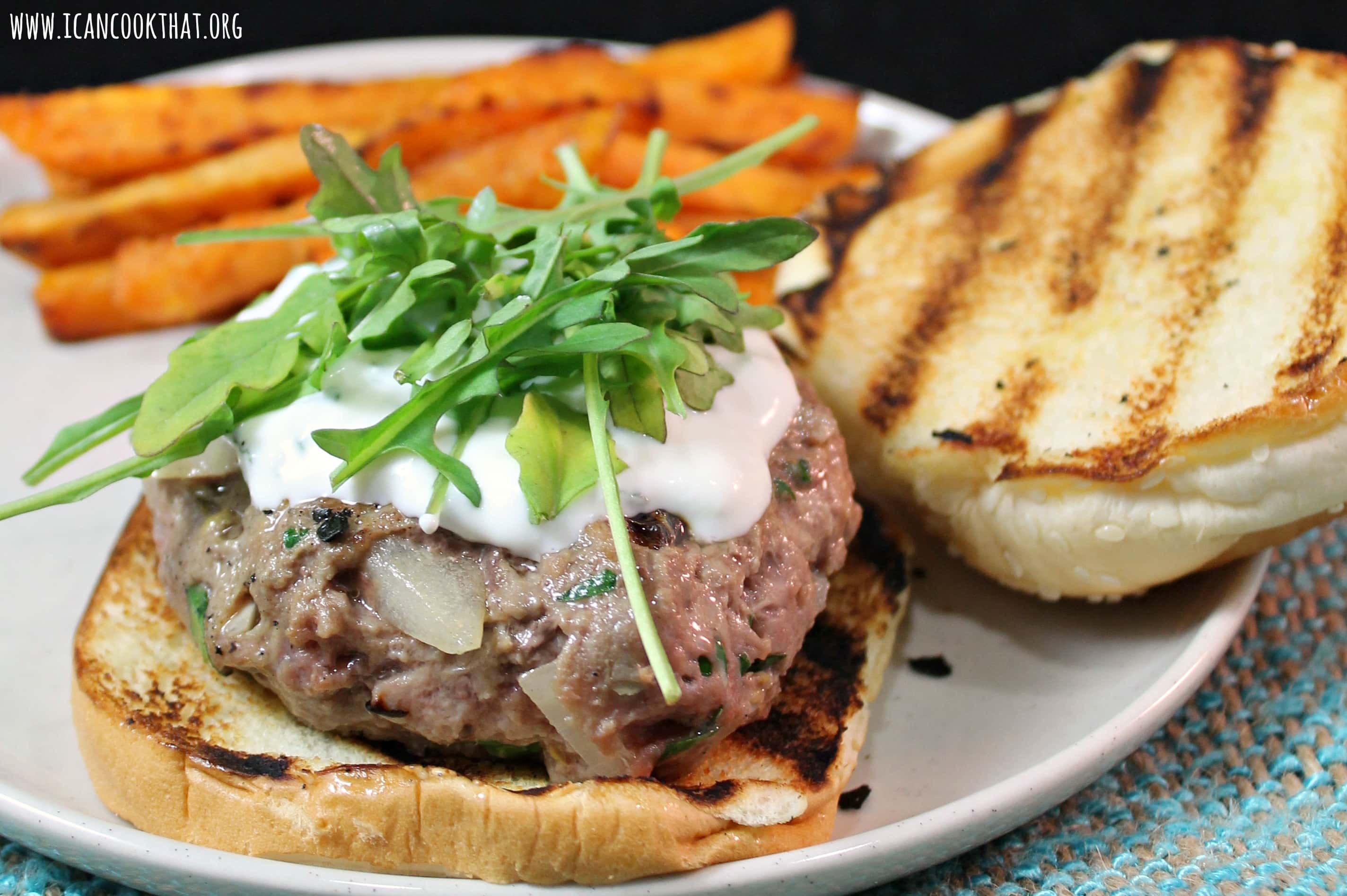 Lamb Burgers with Feta-Mint Spread and Sweet Potato Fries