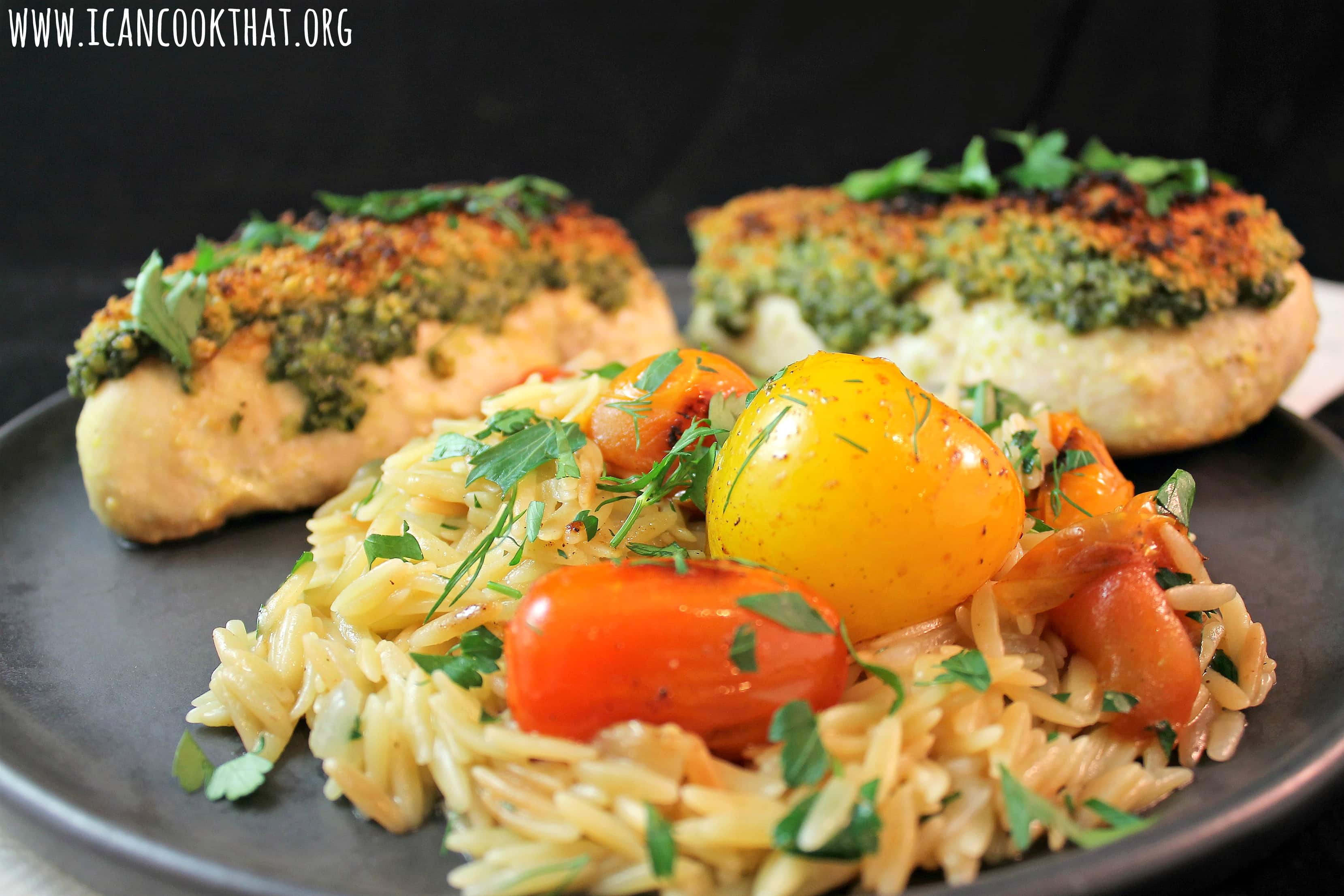 Pesto Chicken, Blistered Tomatoes and Orzo & Herb Pilaf