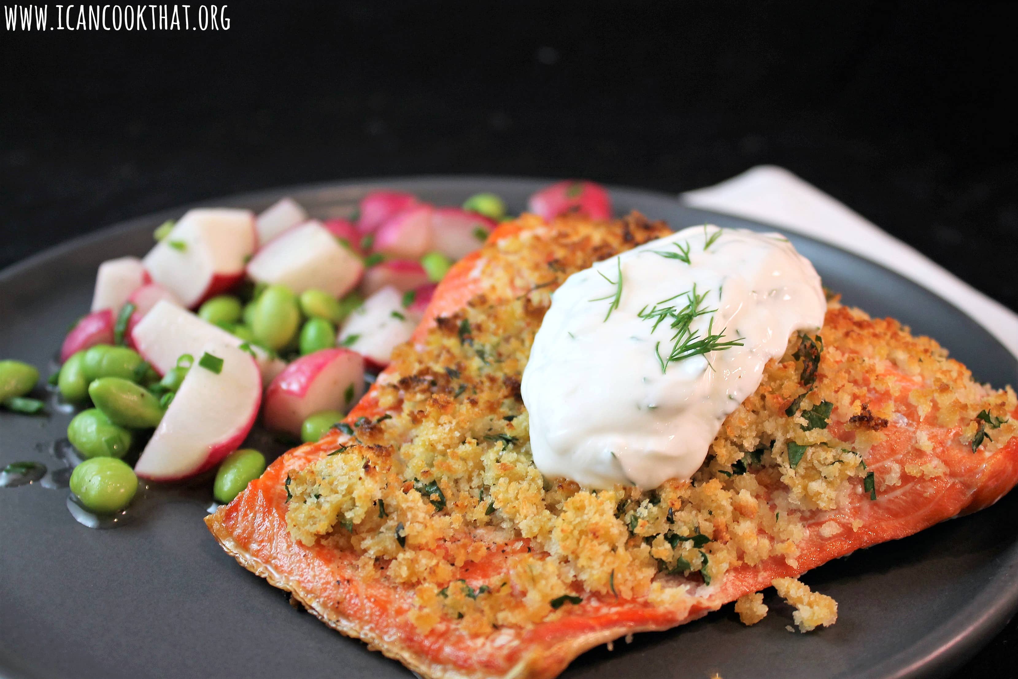 Dijon Herb Crusted Salmon with Creamy Dill Sauce