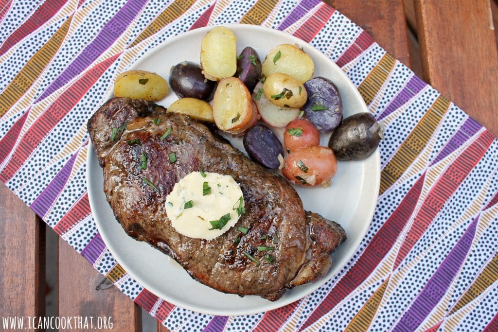 Grilled New York Strip Steak with Honey-Tarragon Blue Cheese Butter and Grilled Tarragon Potatoes