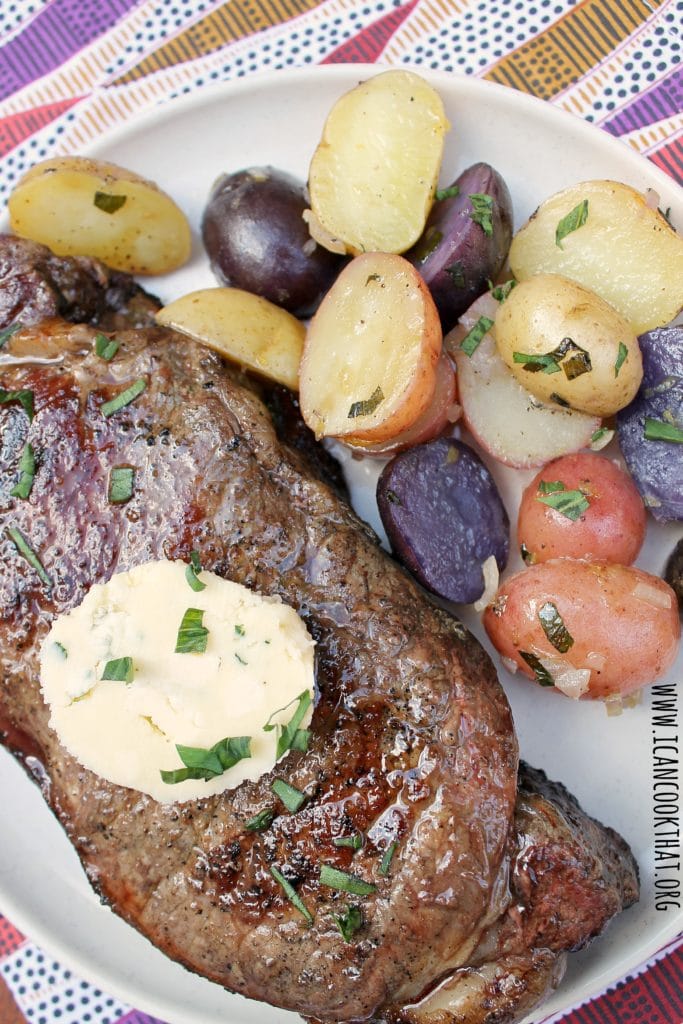 Grilled New York Strip Steak with Honey-Tarragon Blue Cheese Butter and Grilled Tarragon Potatoes