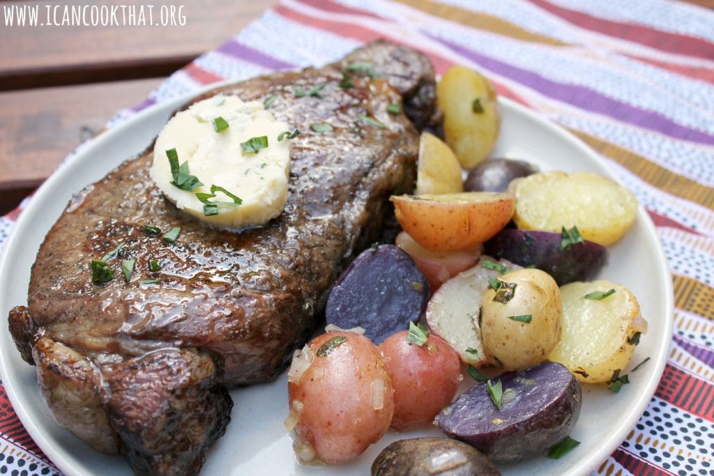 Grilled New York Strip Steak with Honey-Tarragon Blue Cheese Butter and Grilled Tarragon Potatoes