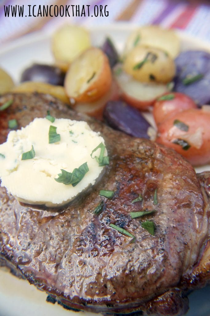 Grilled New York Strip Steak with Honey-Tarragon Blue Cheese Butter and Grilled Tarragon Potatoes