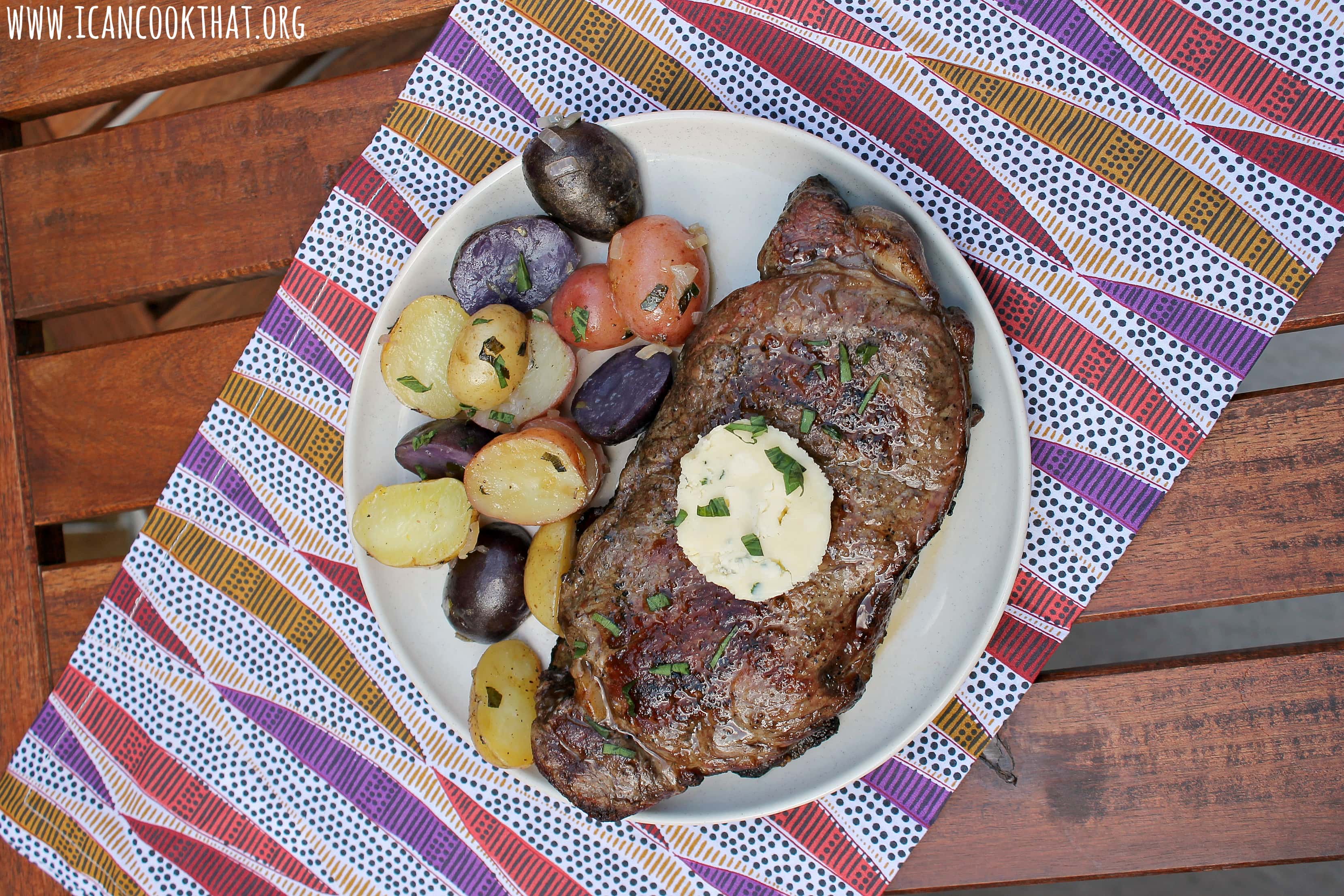 Grilled New York Strip Steak with Honey-Tarragon Blue Cheese Butter and Grilled Tarragon Potatoes