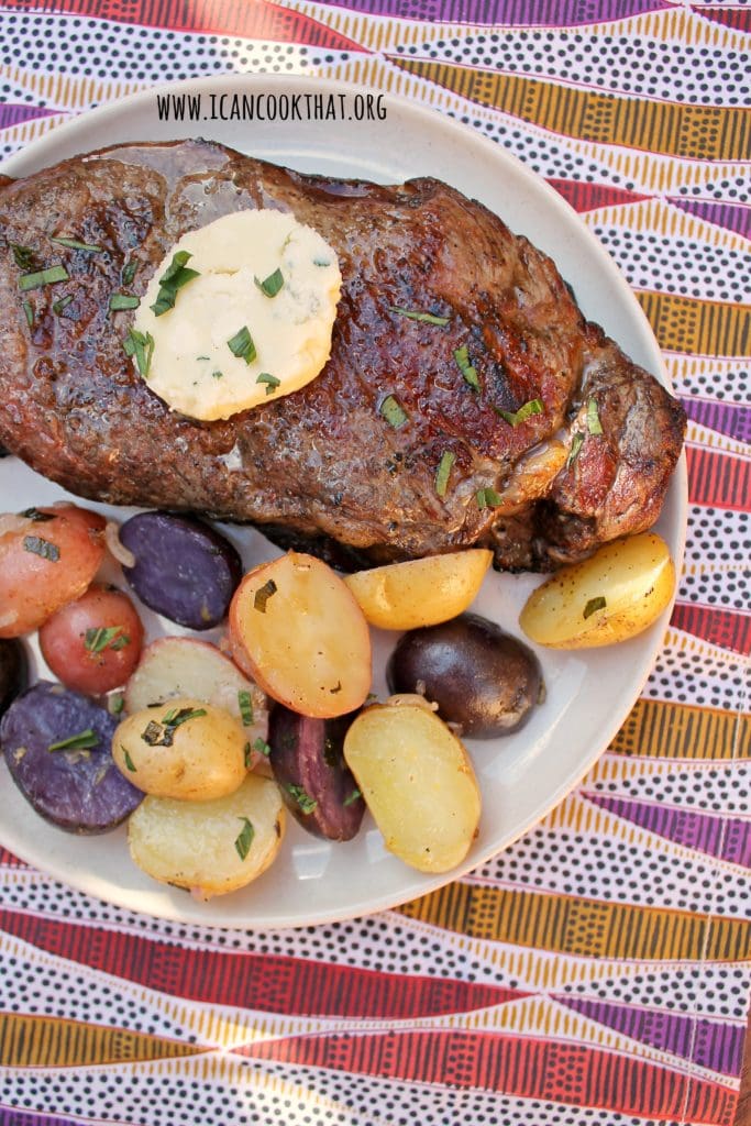 Grilled New York Strip Steak with Honey-Tarragon Blue Cheese Butter and Grilled Tarragon Potatoes