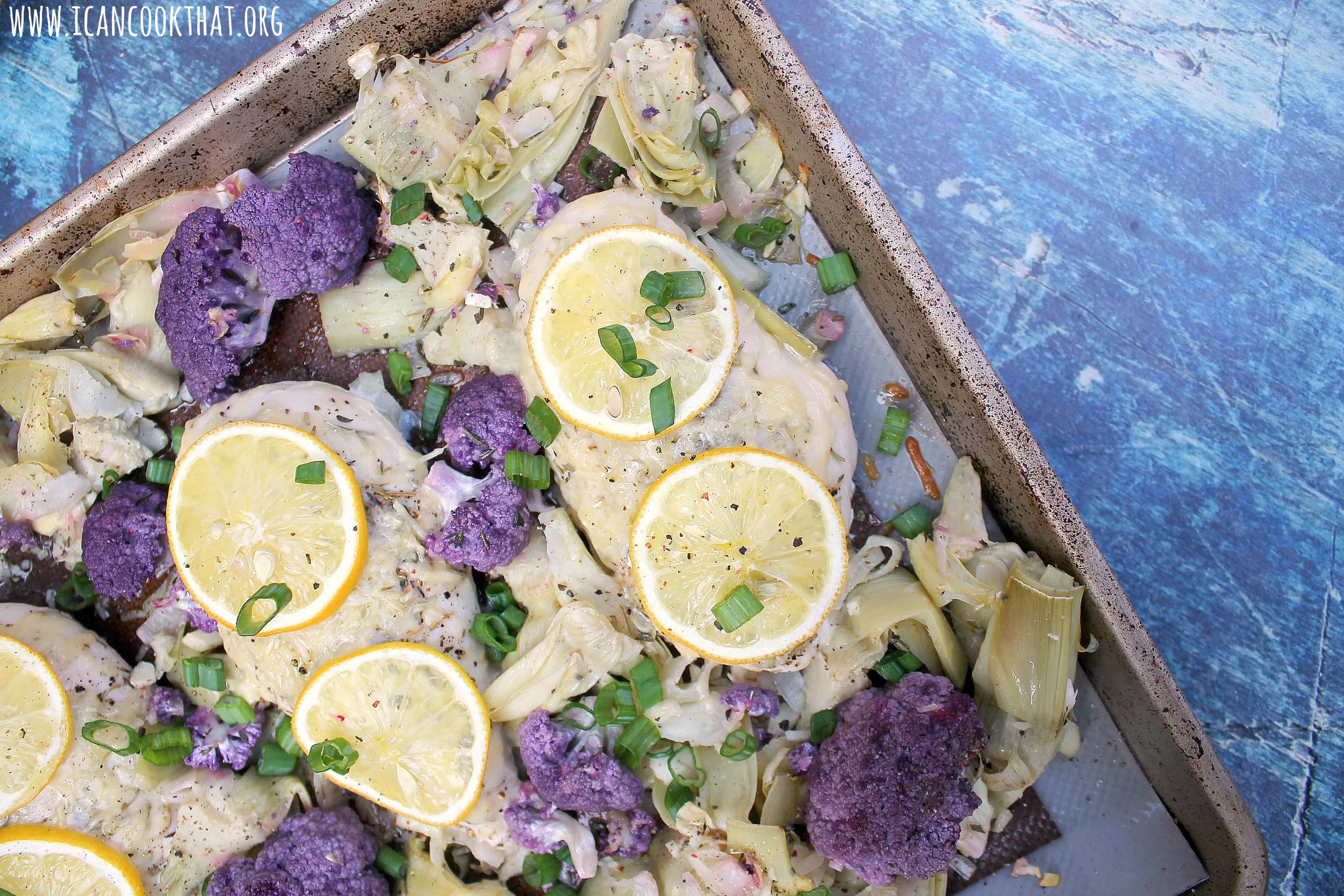 Sheet Pan Parmesan Chicken with Cauliflower and Artichoke Hearts