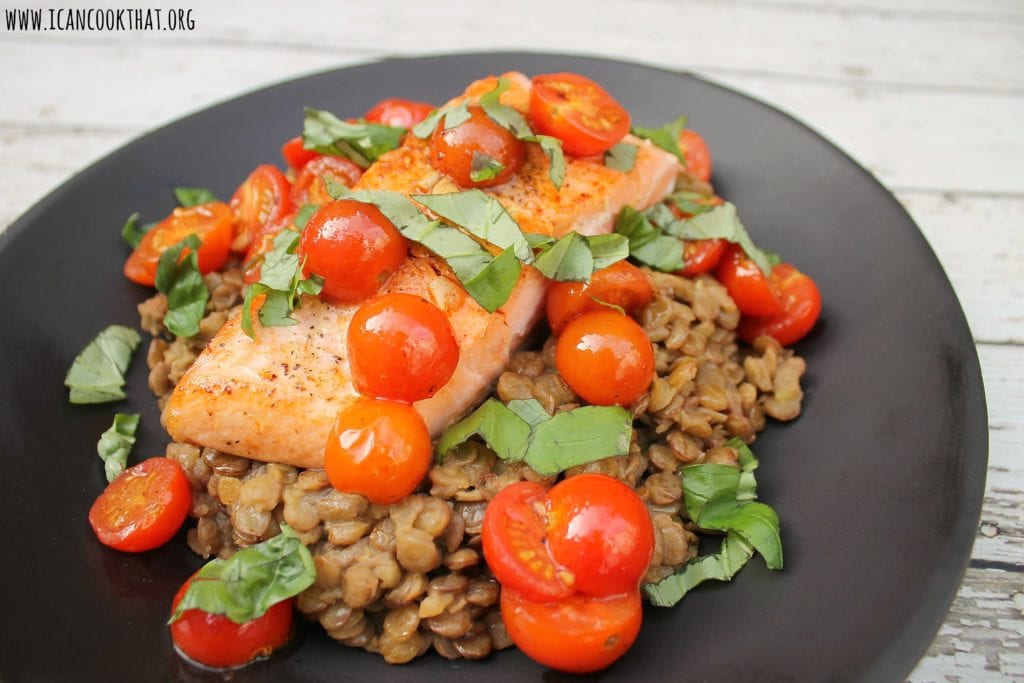 Pan Fried Salmon with Brown Lentils, Cherry Tomatoes, and Basil