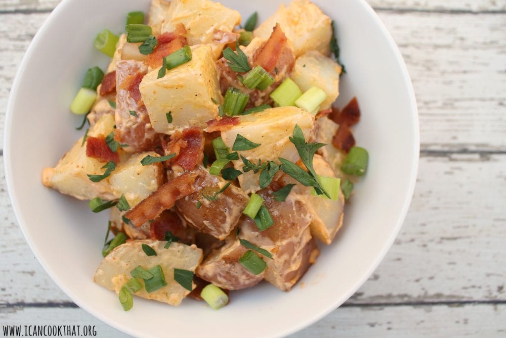 Smoked Potato Salad with Bacon and Sriracha Mayo