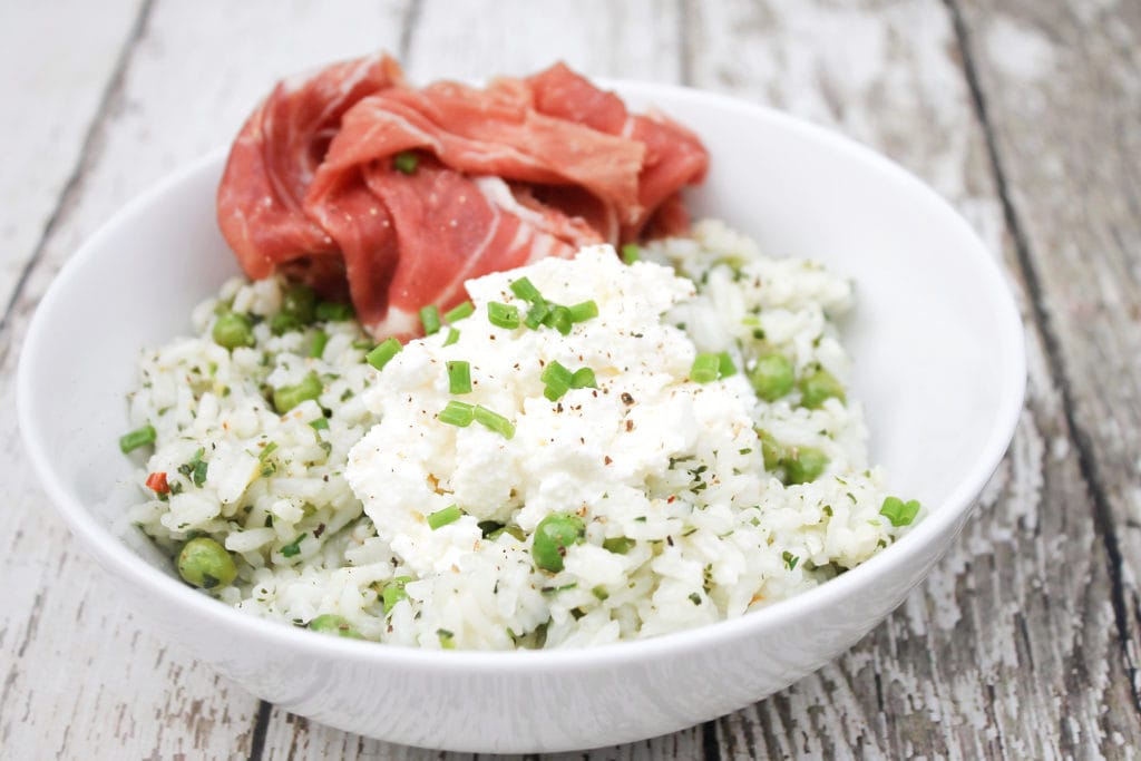 Herb Rice with Peas Prosciutto and Ricotta